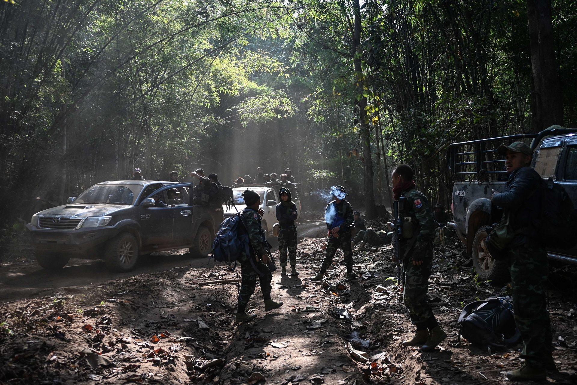 Insurgents from the &nbsp;Karenni Nationalities Defense Force, in alliance with the PDF and supported by front-line medics of the Free Burma Rangers (a multi-ethnic humanitarian movement), gather in the jungle before launching an attack on a junta military base in Hpasawng township, Kayah (Karenni) State, Myanmar.